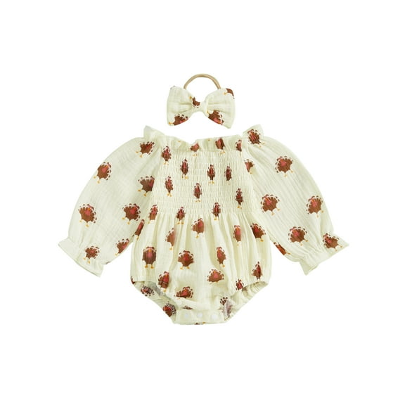 Lesimsam Newborn Girls 2Pcs Thanksgiving Outfits 3M 6M 9M 12M 18M Long Sleeve Frill Smocked Romper with Headband Set Infant Clothing