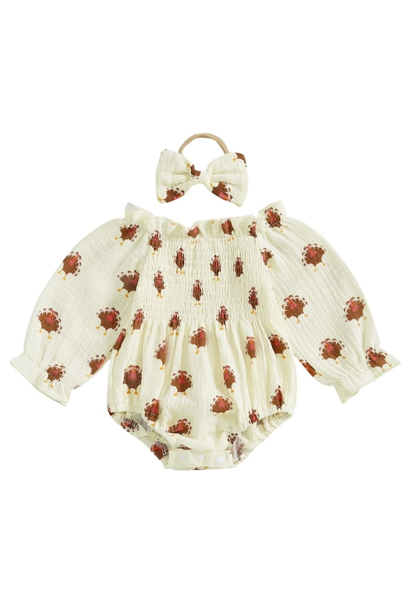 Newborn Girls 2Pcs Thanksgiving Outfits 3M 6M 9M 12M 18M Long Sleeve Frill Smocked Romper with Headband Set Infant Clothing