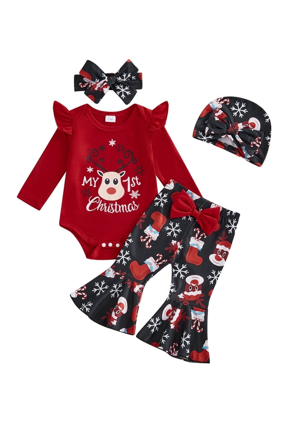Newborn Girls Christmas Outfits 0M 3M 6M 12M Elk Print Long Sleeves Romper + Elastic Flared Pants + Headband + Hat 4 Pcs Set Infant Clothing