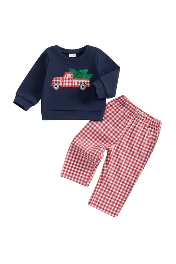 Toddler Boys Christmas Outfits 6M 9M 12M 18M 2T 3T 4T Santa/Truck Embroidery Long Sleeve Sweatshirts and Plaid Long Pants 2Pcs Infant Clothing