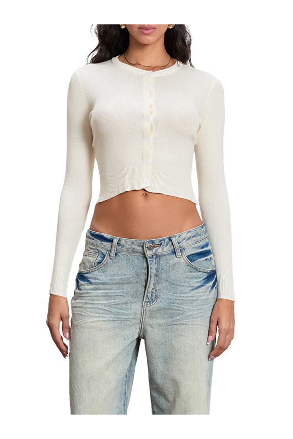 Women Knit Cardigan Solid Color Crop Tops Button Down Blouse Long Sleeve Crew Neck Knitwear Lightweight Sweater Fall Clothes