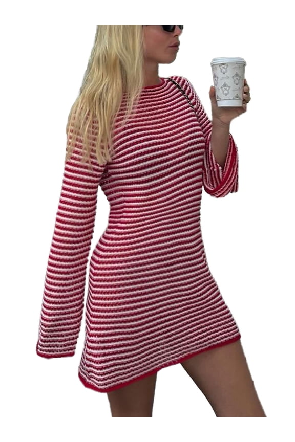Women Knitted Dresses Striped Bodycon Crew Neck Long Sleeve Mini Casual Dresses Short Dresses for Fall