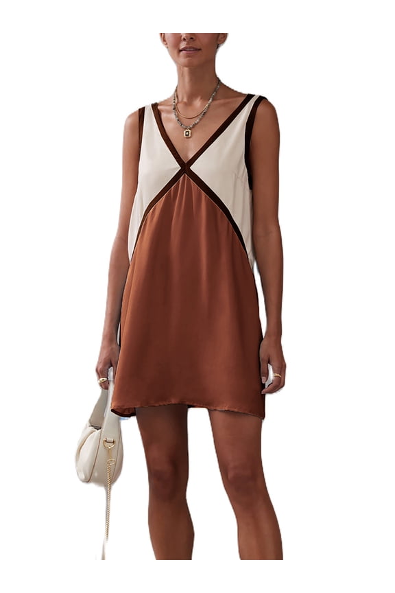 Women Mini Dresses Sleeveless V Neck Tank Dresses Contrast Color Bodycon Summer Dresses for Club Party