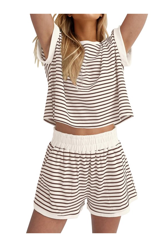 Women’s Casual Outfits Short Sleeve Stripes Print Tops + Shorts 2 Pcs Set Loungewear Trend Clothes