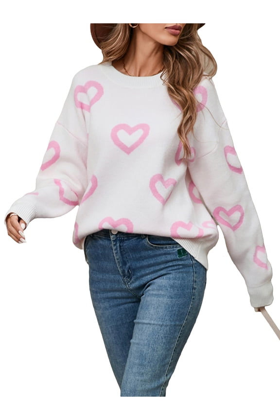 Women's Jumpers Tops Heart Pattern Sweaters Long Sleeve Crew Neck Pullover Loose Fit Knitwear Fall Winter Tops