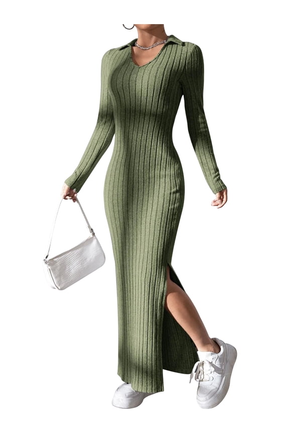 Women's Knit Midi Dresses Long Sleeve Bodycon Lapel Collar Solid Color Long Dresses Going Out Dresses