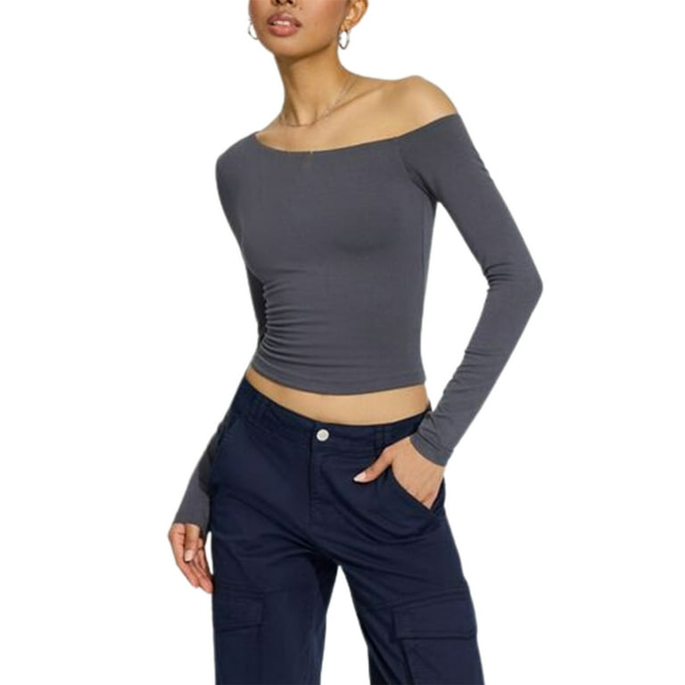 Lesimsam Women s One Shoulder Tops Solid Color Crop Tops Slim Shirts Slash Neck Tshirts Long Sleeve Blouse Showing Navel Shirt Trend Clothes for Fall Walmart