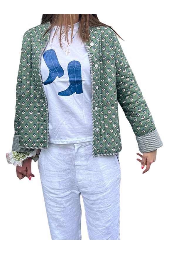 Women's Quilted Double Sided Printed Coat Mock Neck Long Sleeve Outerwear Button Down Casual Tops