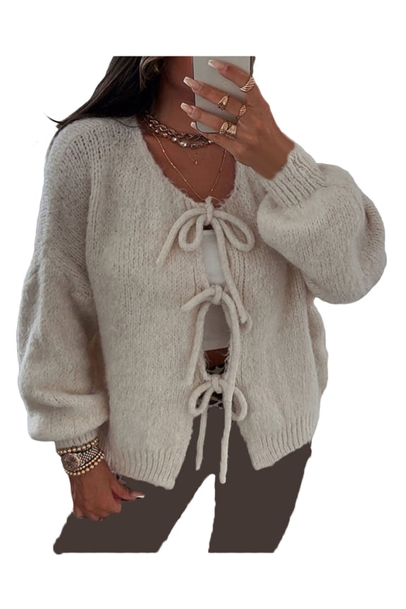 Women's Sweater Tie Front Knitwear Solid Color Cardigan V-Neck Casual Tops Long Sleeve Blouse Loose Jumpers Tops for Fall