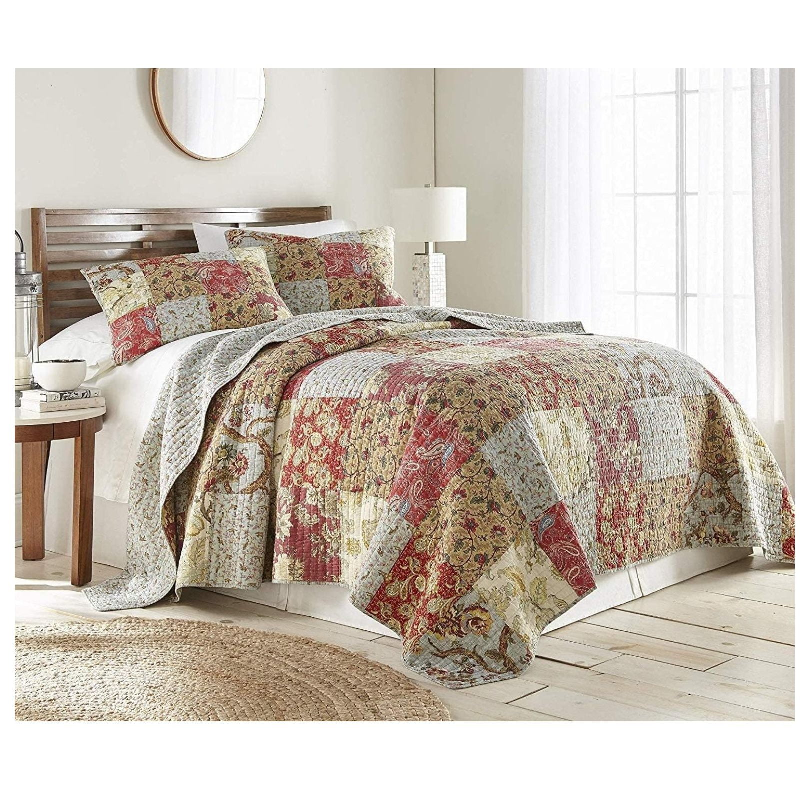 Leslie King Brown Cotton Reversible Patchwork Quilt Set