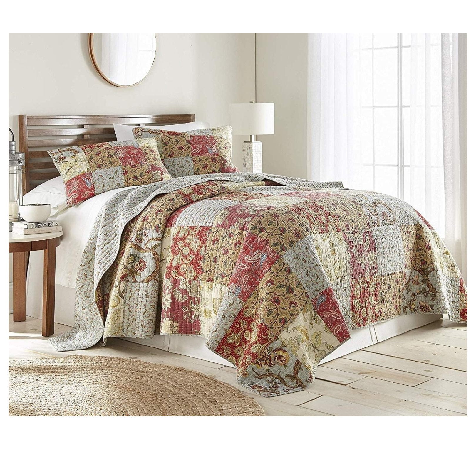 Leslie Queen Brown Cotton Reversible Floral Patchwork Quilt Set