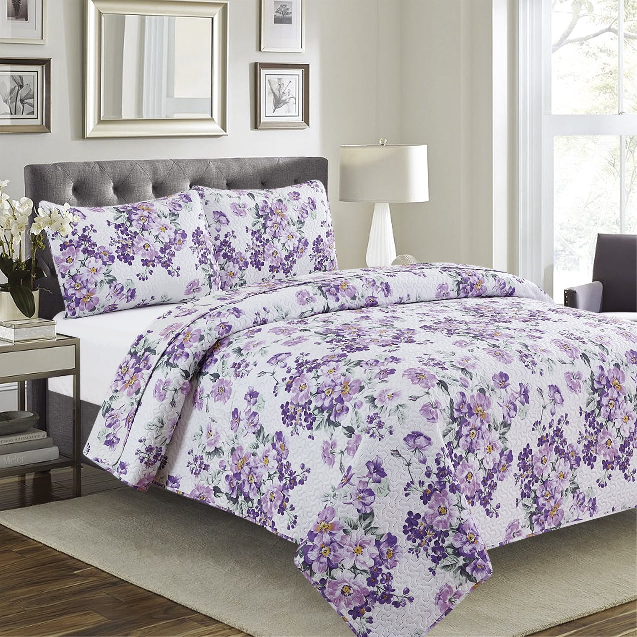 Leslie- 3pc Reversible Quilt Set Lavender  - King Size