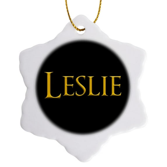 3drose, Leslie Prominent Boy Name in the America. Yellow on Black Talisman, 3 inch Snowflake Porcelain Ornament