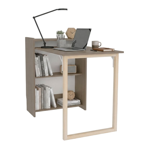 Leslie Retractable Desk with Built-in Storage Shelves, Space Saving Computer Writing Table