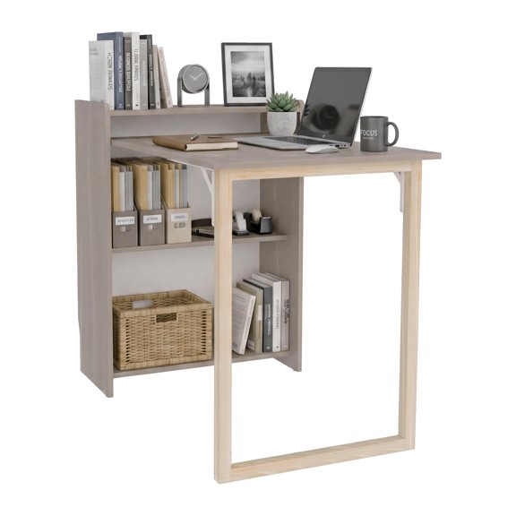 Leslie Retractable Desk with Built-in Storage Shelves, Space Saving Computer Writing Table