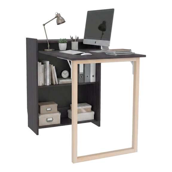 Leslie Retractable Desk with Built-in Storage Shelves, Space Saving Computer Writing Table