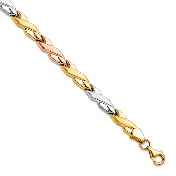 10k Yellow Gold Rose rhodium Polished and satin Fancy Lobster Closure With-Rose and White-Rhodium Bracelet 7 Inch Link-B