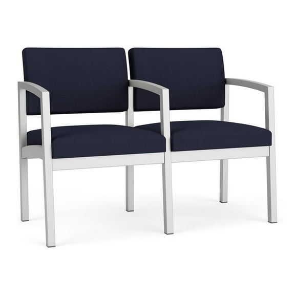 Lesro Lenox Steel Fabric 2-Seat Waiting Room Guest Reception Chair in Silver/Open House Navy
