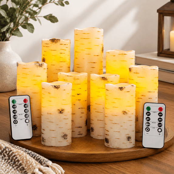Controle Keyboard Less Flickering Led Candles With Birch Bark Effect - Set Of 9-operated ...