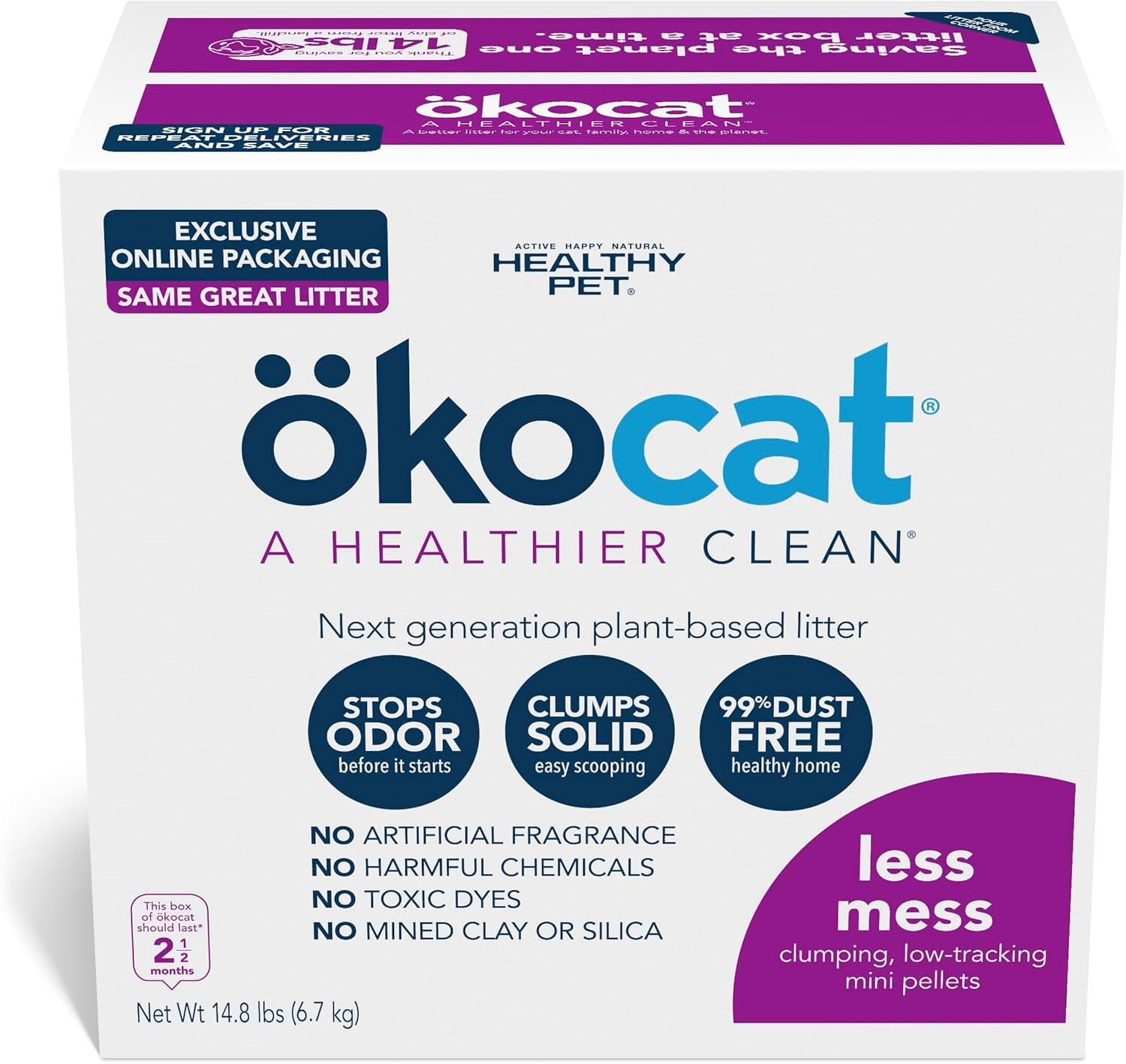 Less Mess Low Tracking Wood Clumping Cat Litter Mini- Pellets, Unscented, 14.8 pounds - Natural Ingredients, Stops Odor, Clumps Solid, 99% Dust Free, Great for Long-Hair Breeds, All Cats