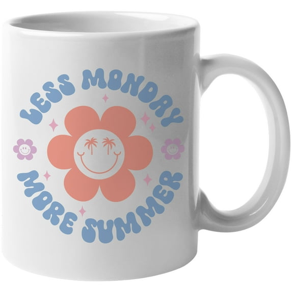 Less Monday, More Summer, Retro Smiling Face Flower & Palm Trees Art Merch Gift, White 11oz Ceramic Mug