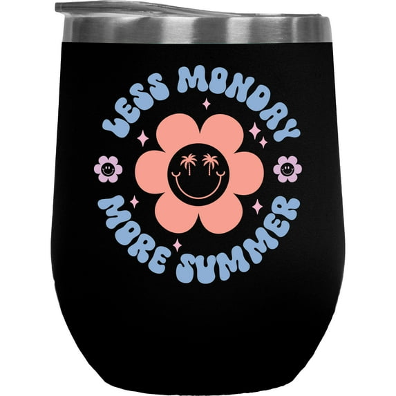 Less Monday, More Summer, Retro Smiling Flower & Palm Trees Art Merch Gift, Black 12oz Wine Tumbler