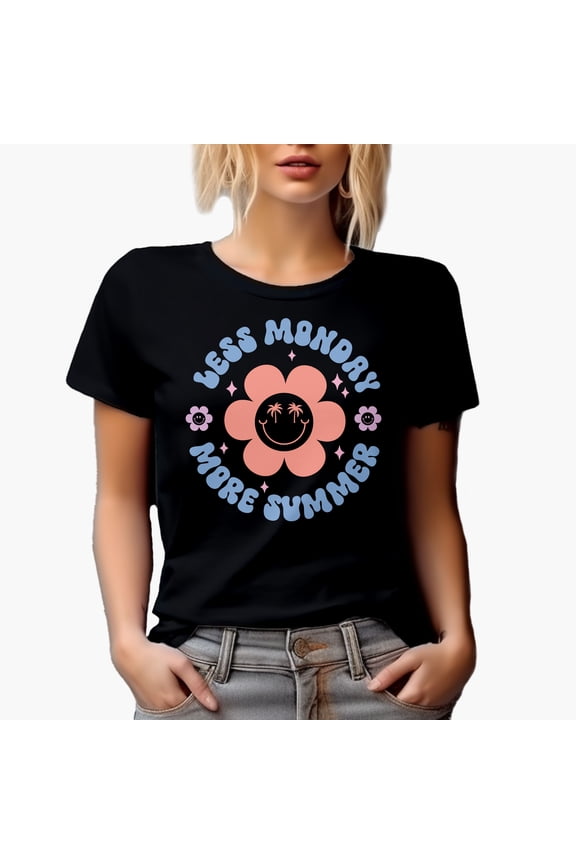 Less Monday, More Summer, Retro Smiling Flower & Palm Trees Art Merch Gift, Black T-Shirt, Small