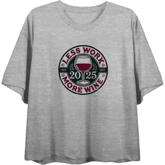 Less Work More Wine 2025
Women's Heather Gray Crew Neck Short Sleeve Crop Tee-Medium