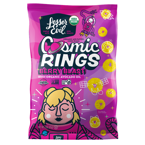 LesserEvil Air-Puffed Cosmic Rings Berry Blast Toddler Snacks with Avocado Oil, 3 oz