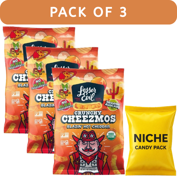 LesserEvil Cheezmos Blazin Hot Cheddar Corn Puffs Snack  7oz (3Pack)  Organic, GlutenFree + Complimentary Candy Pack