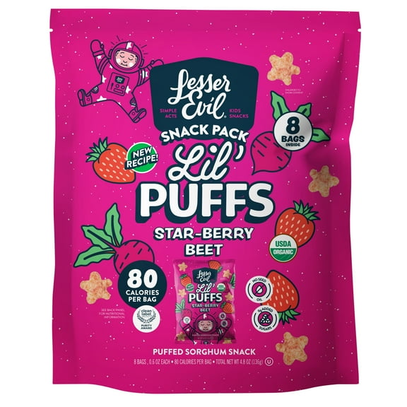 LesserEvil Lil' Puffs Organic Baby Snacks for Toddlers, StrawBerry Beet, 0.6oz, 8 Pack