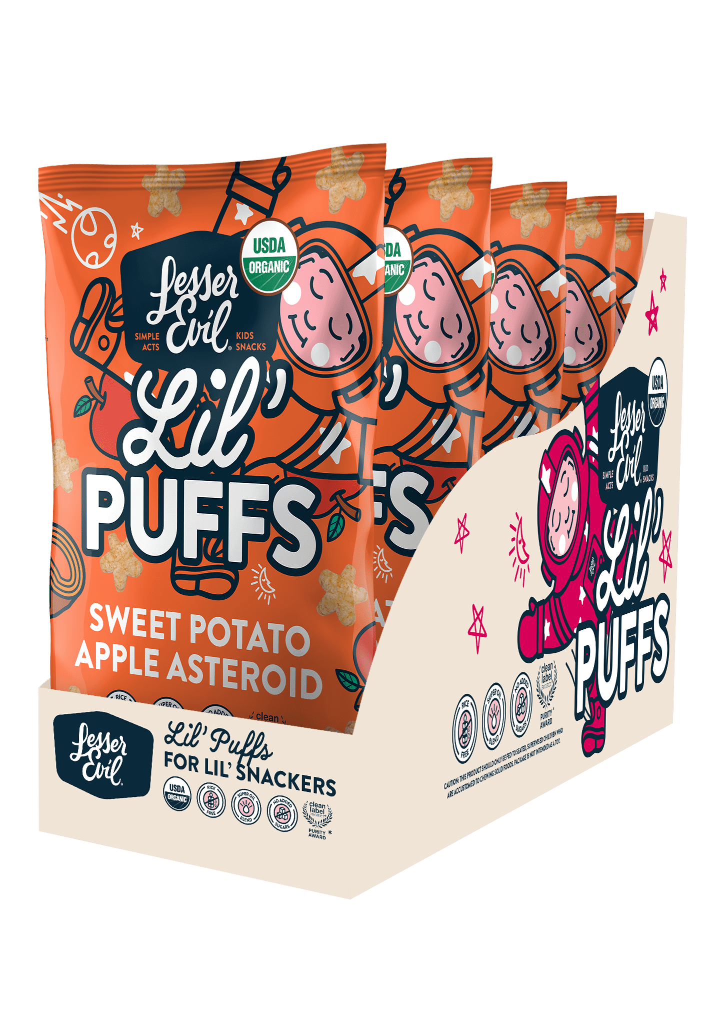 LesserEvil Lil' Puffs Organic Baby Snacks for Toddlers, Sweet Potato Apple Asteroid, 2.5 oz, 5 Count