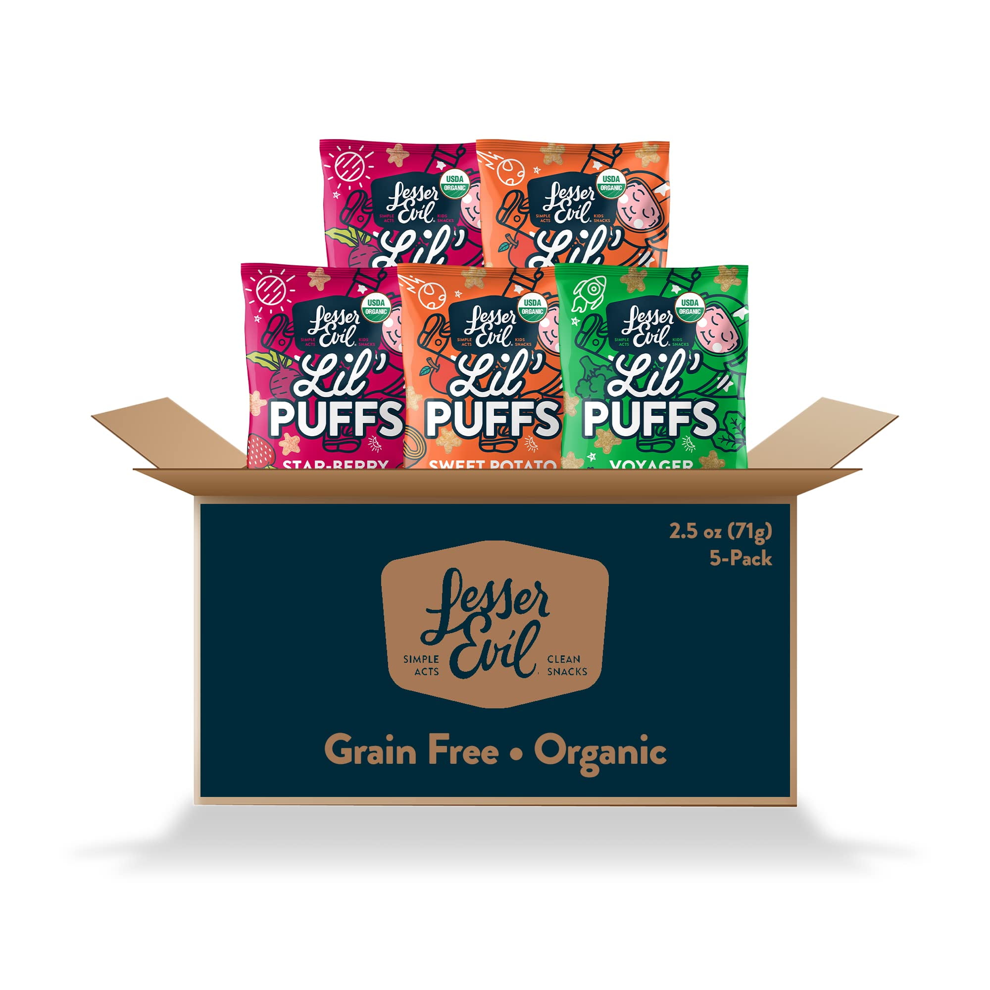 LesserEvil Lil' Puffs Variety Pack, Contains 2 Sweet Potato Apple, 2 Strawberry Beet, and 1 Veggie Blend, Organic Snacks for Kids, Rice-Free, 0g Sugar Per Serving, 2.5 Oz, (Pack of 5) NG01