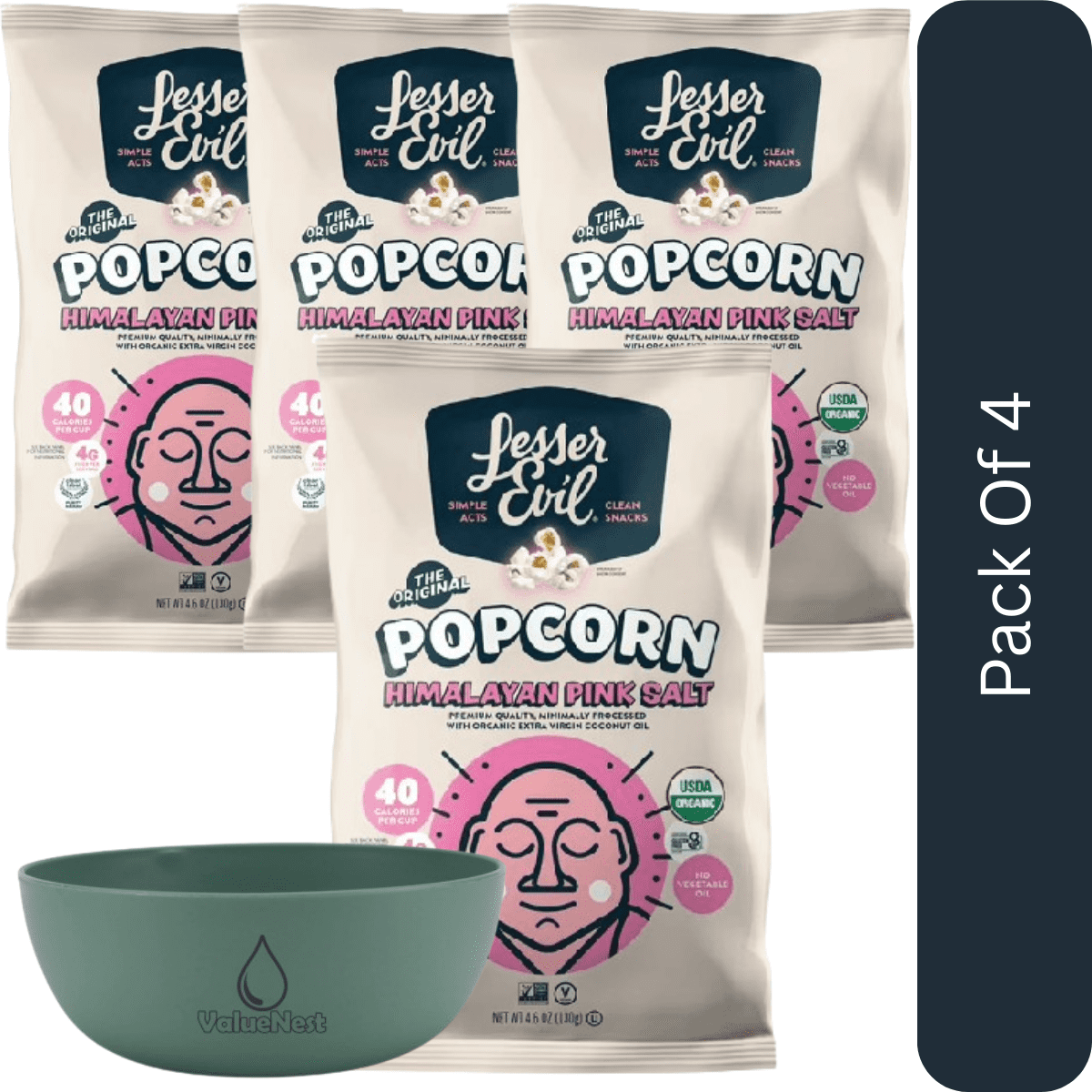 LesserEvil Organic Popcorn, Himalayan Pink, 4.6 oz-4pk, With Olive Green Bowl By ValueNest