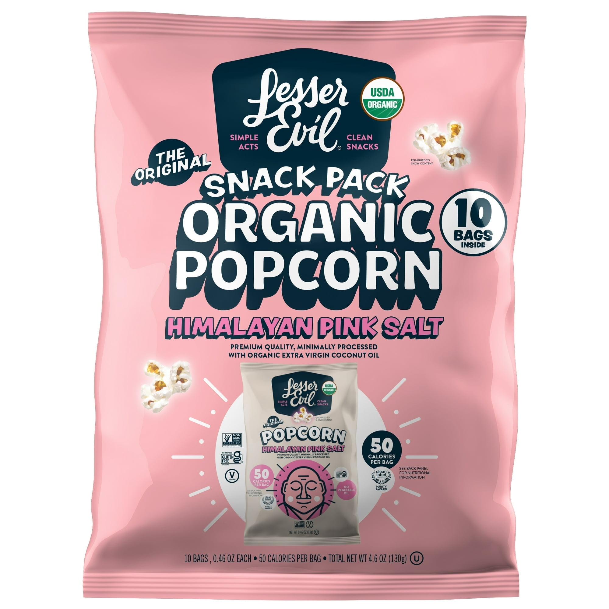 LesserEvil Organic Popcorn, Himalayan Pink, Gluten-Free .46 oz Bags, 10 Count