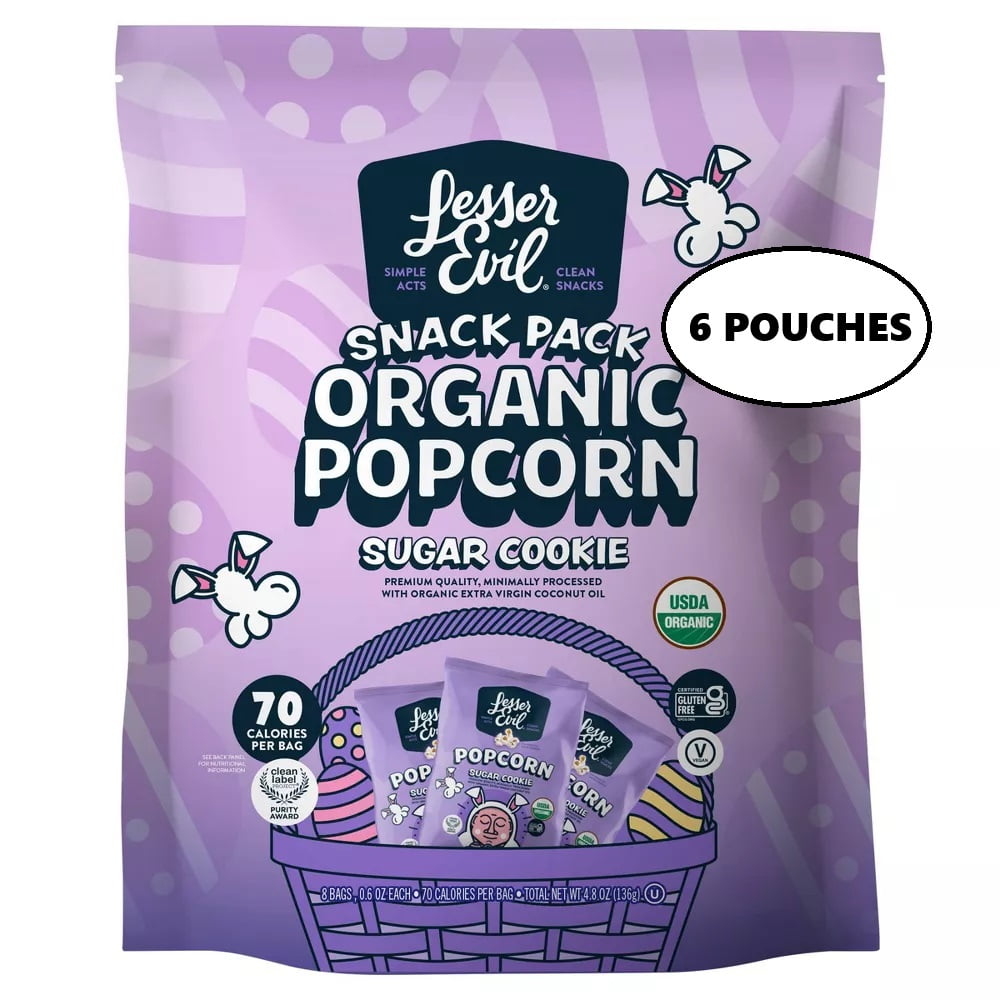 LesserEvil Organic Popcorn Sugar Cookie Easter Flavor Snack Sized Bags - 0.6 oz (Pack of 6) With Organic Extra Virgin Coconut Oil | Packaging May Vary