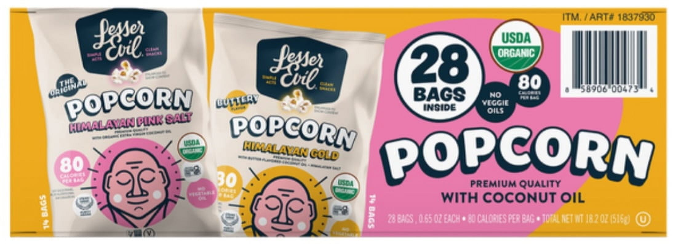 LesserEvil Organic Popcorn, Variety Pack, 0.65 oz, 28 ct 14-Himalayan Pink Salt, 14-Himalayan Gold