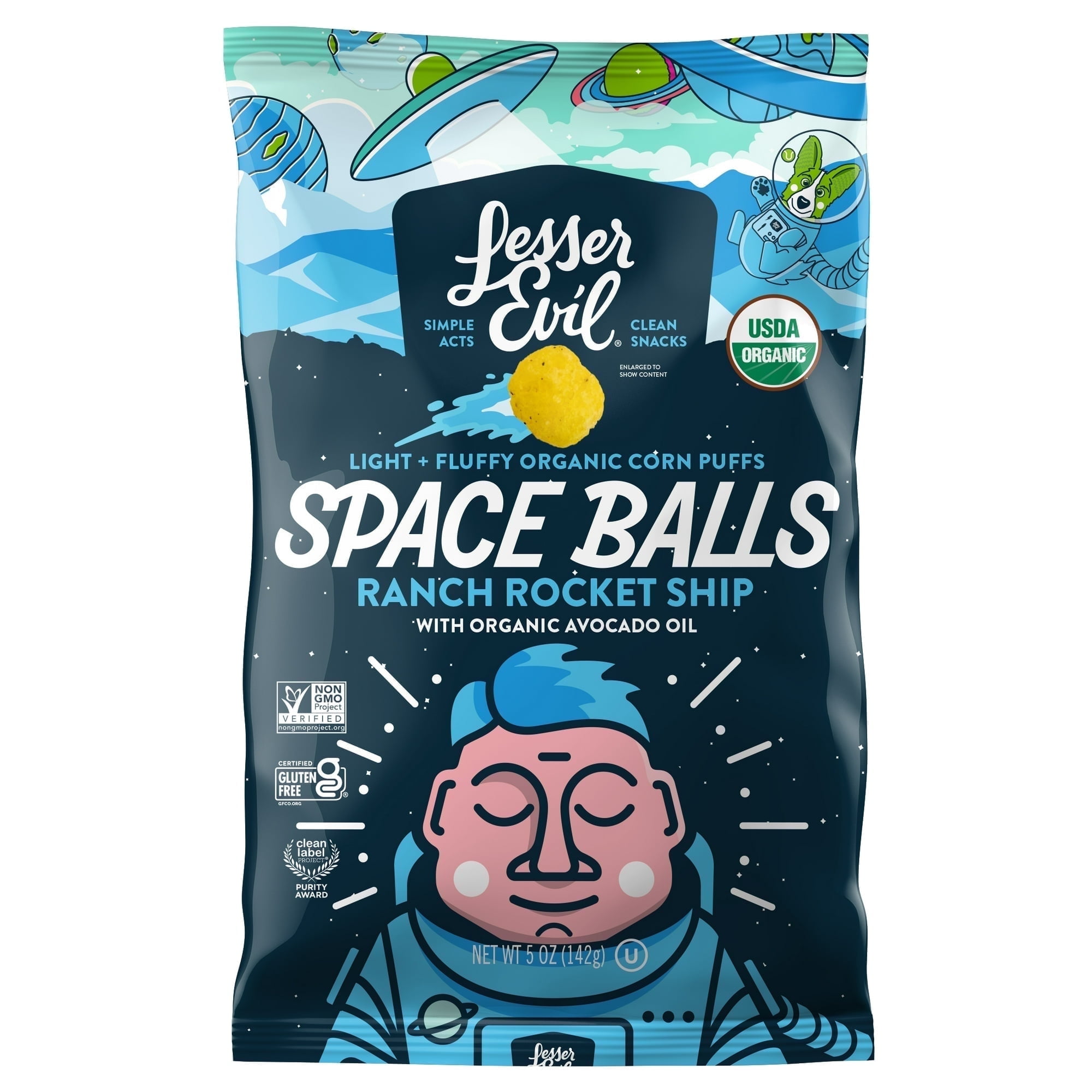 LesserEvil Space Balls, Organic Corn Puffs, Ranch RocketShip, 5 oz