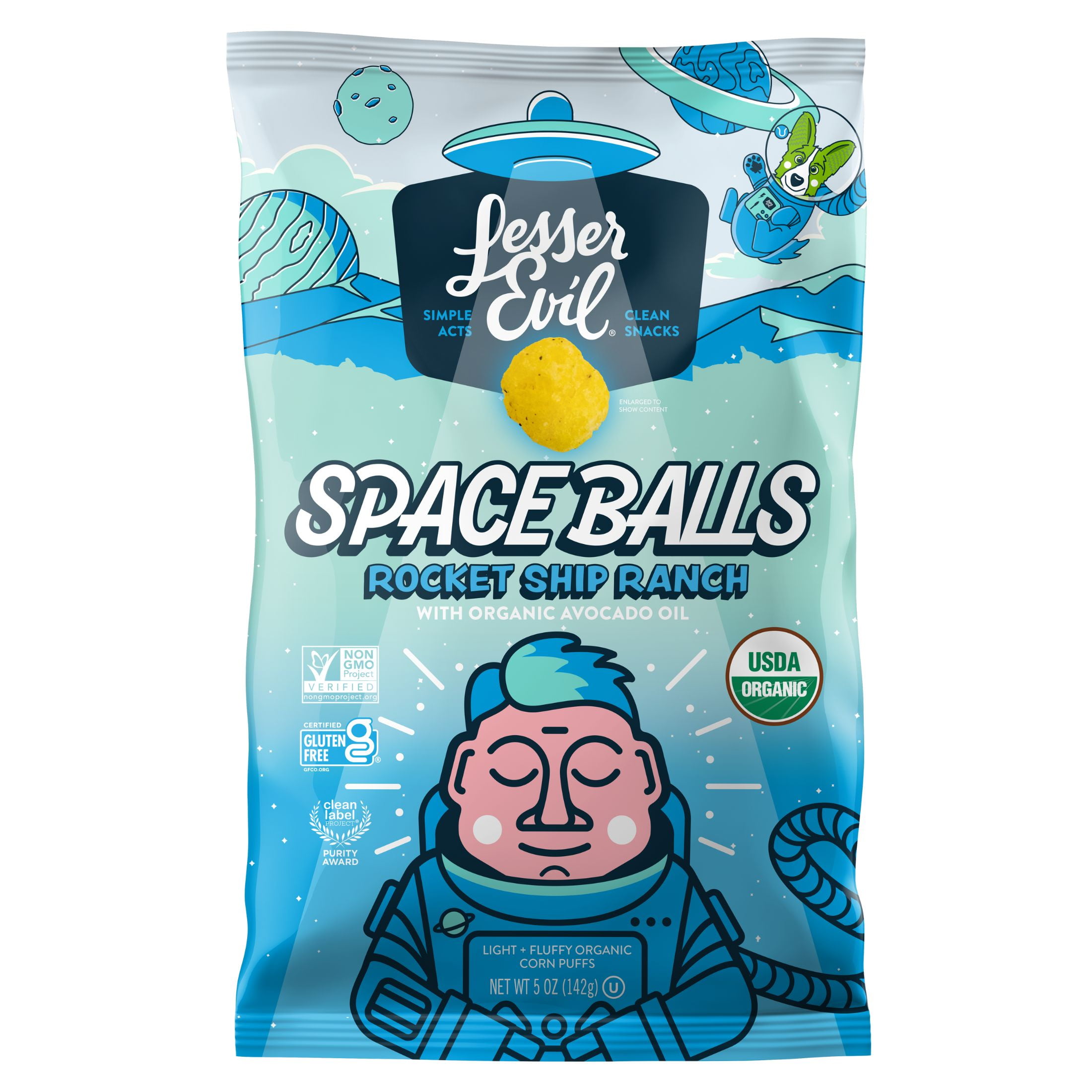 LesserEvil Space Balls, Organic Corn Puffs, Ranch RocketShip, 5 oz