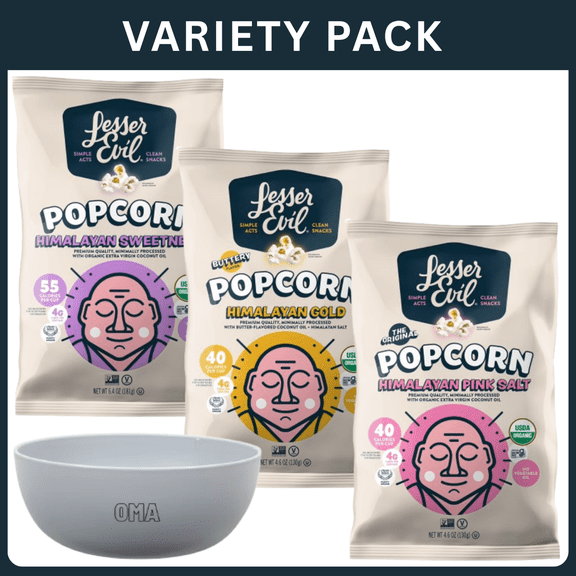 LesserEvil Variety Pack Himalayan Sweetness Himalayan Pink Salt Himalayan Gold Organic Popcorn Gluten Free Ready to Eat Snack -16 Oz Total Weight, Variety Pack with Bowl by OMA.
