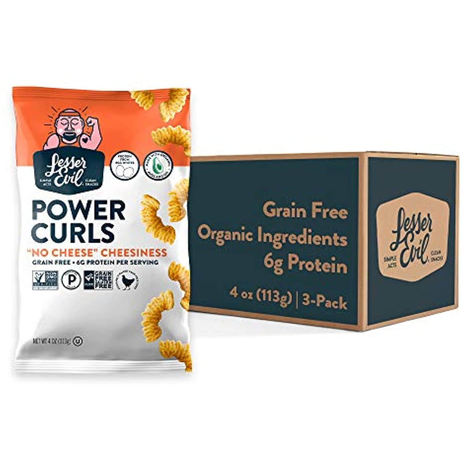 Lesserevil Healthy Brands No Cheese Cheesiness Grain Free Power Curls, Egg White, Pack Of 3, 4Oz Bags