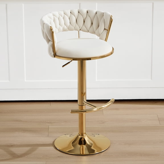 Lessmore Adjustable Swivel Bar Stool with Woven Velvet Curved Back Counter Height Bar Chair, Modern Luxury Upholstered Barstool,Beige