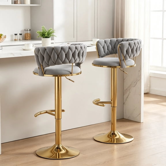 Lessmore Adjustable Swivel Bar Stools with Woven Velvet Curved Back Set of 2 Counter Height Bar Chair, Modern Luxury Upholstered Barstool,Grey