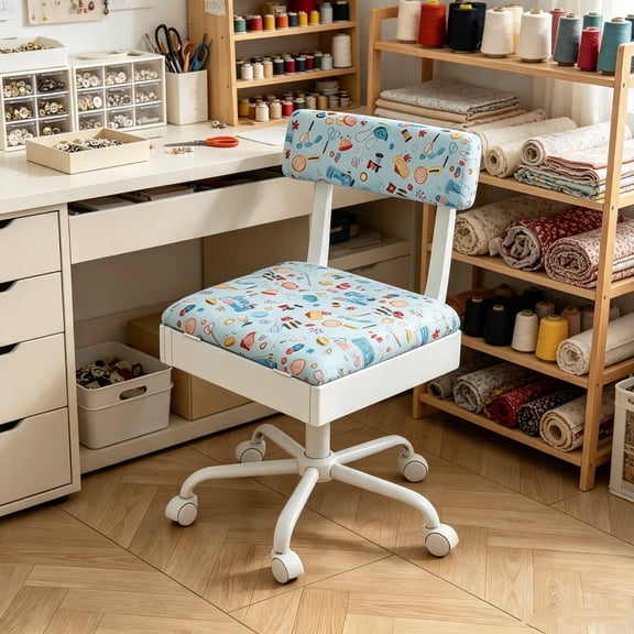 Lessmore Sewing Chair Adjustable Height Swivel Sew Chair Upholstered Craft Chair with Drawers for Sewing Room, White