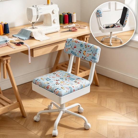 Lessmore Sewing Chair Adjustable Height Swivel Upholstered Craft Chair with Drawers for Sewing Room, White & Blue