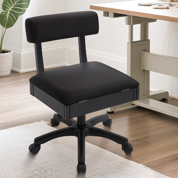 Lessmore Sewing Chair with Drawer Storage, Rolling Swivel Craft Stool with Backrest, Linen Upholstered Workshop Chair, Black