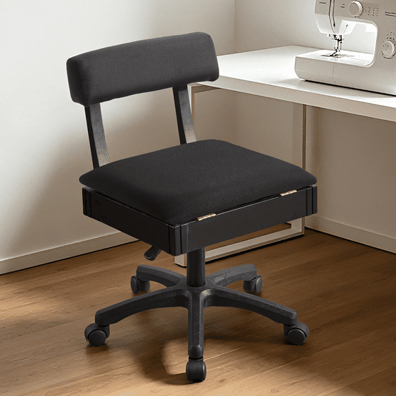 Lessmore Sewing Chair with Drawer Storage, Rolling Swivel Craft Stool with Backrest, Linen Upholstered Workshop Chair, black