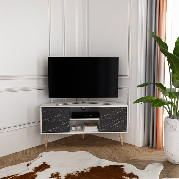 Lesson 47" Wide Corner TV Stand White & Black Marble Pattern