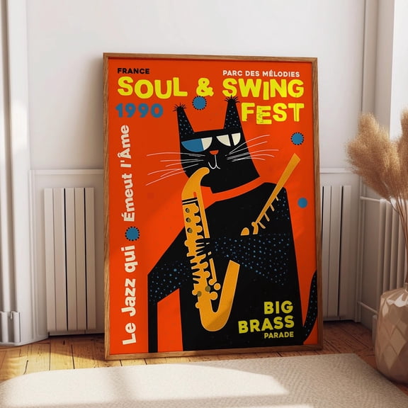 Jazz Cat Print - Saxophone Cat Illustration Music Poster - 1990 Soul & Swing Music Festival Wall Art Wall Art, Modern Wall Decor, 8x12 UNFRAMED