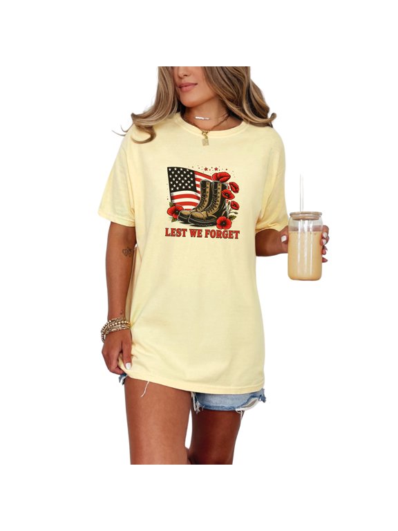 Lest We Forget T-Shirt, Military Tribute Shirt, Veterans Day Tee, USA Flag and Boots Shirt, Memorial Day T-Shirt, Honoring Heroes Shirt, Butter Comfort Colors T-Shirt, Medium